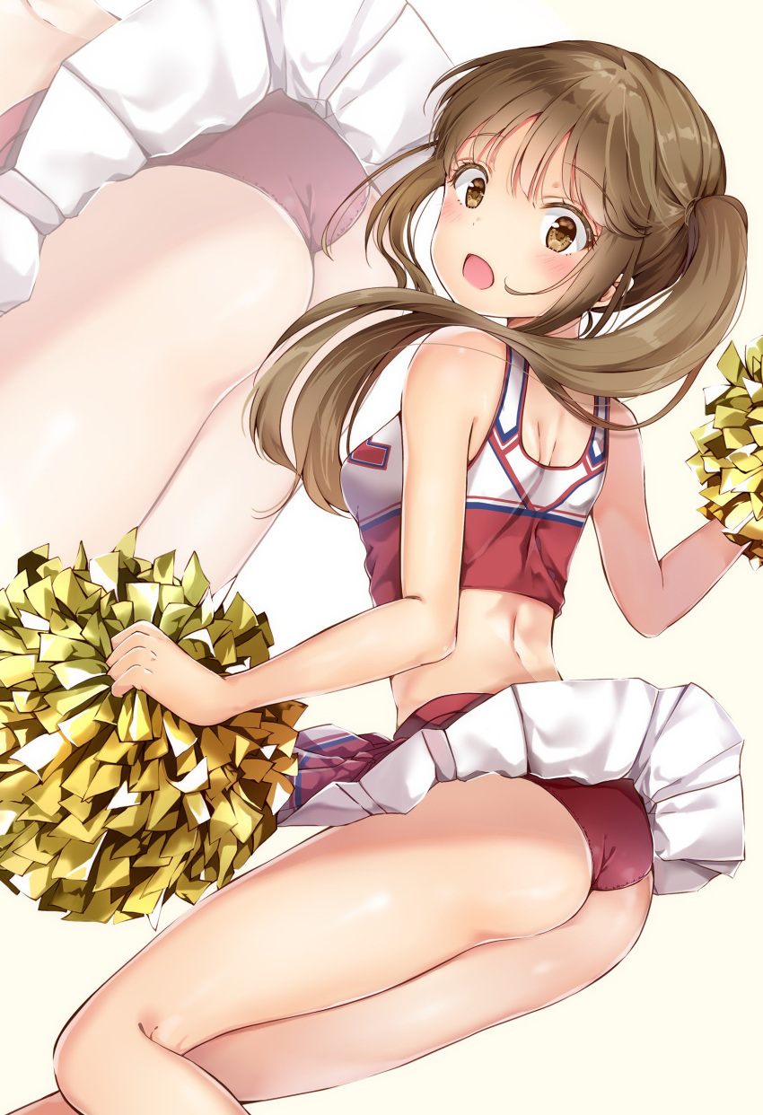 1girl absurdres breasts brown_eyes brown_hair cheerleader crop_top eyebrows_visible_through_hair floating_hair highres holding long_hair looking_back medium_breasts midriff miniskirt open_mouth original panties pom_poms red_panties red_skirt shiny shiny_skin side_ponytail simple_background skirt skirt_lift sleeveless solo standing underwear white_background yoshida_iyo zoom_layer