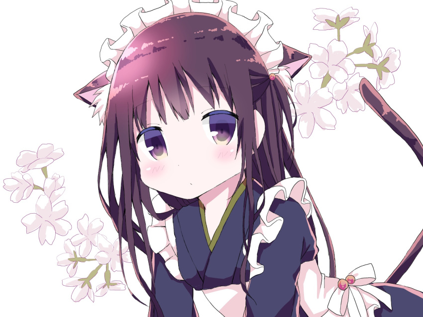 1girl animal_ears apron bangs black_kimono blush brown_hair cat_ears cat_girl cat_tail closed_mouth commentary_request eyebrows_visible_through_hair flower half_updo hamada_pengin highres japanese_clothes kimono long_hair looking_at_viewer maid_apron maid_headdress original simple_background solo tail tail_raised very_long_hair violet_eyes wa_maid white_apron white_background white_flower