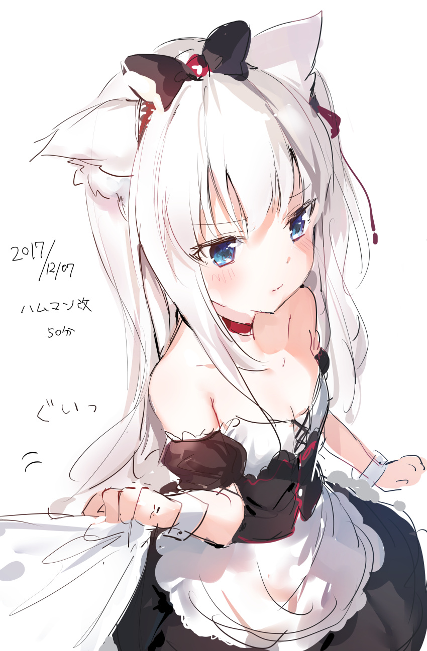 1girl absurdres animal_ears apron azur_lane bangs bare_shoulders black_bow black_dress blue_eyes blush bow breasts cat_ears collarbone dated dress eyebrows_visible_through_hair hair_bow hair_ribbon hammann_(azur_lane) highres long_hair looking_away one_side_up puffy_short_sleeves puffy_sleeves red_ribbon remodel_(azur_lane) ribbon shirt_grab short_sleeves simple_background sketch small_breasts solo translated umibouzu_(niito) very_long_hair waist_apron white_apron white_background white_hair wrist_cuffs