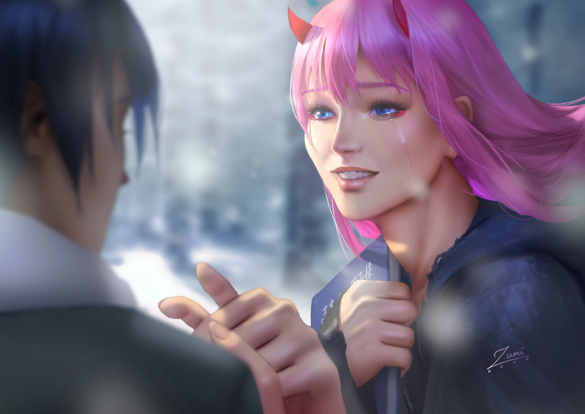 1boy 1girl banned_artist black_hair blue_eyes book coat couple crying crying_with_eyes_open darling_in_the_franxx grey_coat hand_holding hiro_(darling_in_the_franxx) holding holding_book horns long_hair oni_horns pink_hair short_hair signature tears winter_clothes winter_coat zero_two_(darling_in_the_franxx) zumi_(zumidraws)