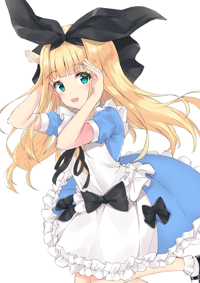 1girl :d apron arms_up bangs black_bow black_footwear black_ribbon blonde_hair blue_dress blunt_bangs blush bobby_socks bow bunny_pose commentary_request dress eyebrows_visible_through_hair frilled_dress frills green_eyes hair_bow hair_ribbon highres long_hair looking_at_viewer maid_apron mary_janes minikon mononobe_alice nijisanji open_mouth puffy_short_sleeves puffy_sleeves ribbon shoes short_sleeves simple_background smile socks solo very_long_hair virtual_youtuber white_apron white_background white_legwear