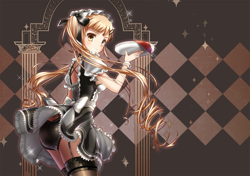 1girl ass black_bow black_panties blonde_hair blush bow breasts brown_background brown_eyes checkered checkered_background cowboy_shot garter_straps hair_bow hair_ornament hairclip karen_(navy_42) long_hair looking_at_viewer maid medium_breasts original panties plate short_sleeves smile solo sparkle standing thigh-highs twintails underwear very_long_hair wrist_cuffs