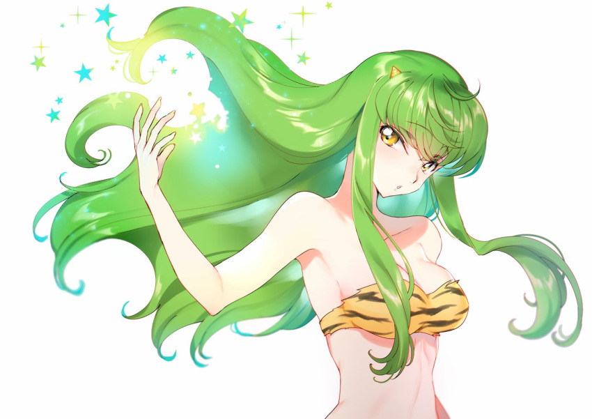 1girl bare_shoulders bikini breasts c.c. cleavage code_geass commentary_request cosplay creayus eyebrows_visible_through_hair floating_hair green_hair hand_up long_hair looking_at_viewer lum lum_(cosplay) medium_breasts parted_lips solo sparkle star striped striped_bikini swimsuit upper_body urusei_yatsura yellow_eyes