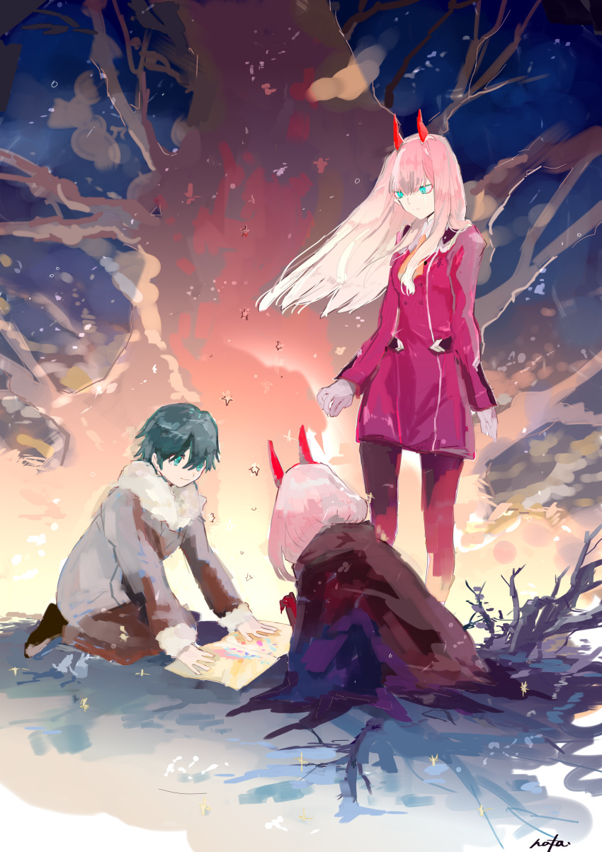 1boy 1girl absurdres black_hair blue_eyes coat couple darling_in_the_franxx fur_trim green_eyes grey_coat highres hiro_(darling_in_the_franxx) horns long_hair military military_uniform oni_horns parka pink_hair short_hair signature spoilers uniform user_snfu7252 winter_clothes winter_coat zero_two_(darling_in_the_franxx)