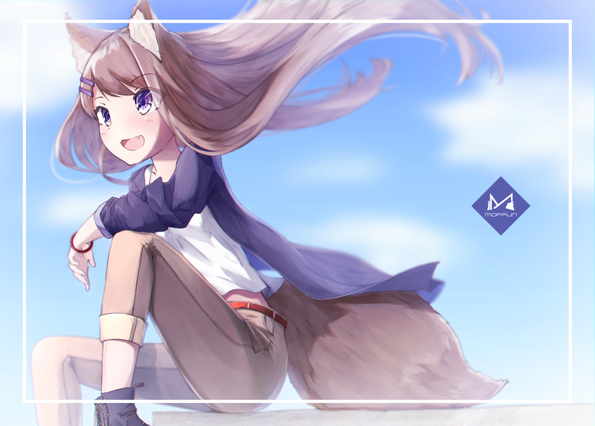 1girl :d absurdres animal_ears bangs belt blue_sky blurry boots bracelet brown_hair brown_pants clouds day depth_of_field eyebrows_visible_through_hair eyes_visible_through_hair fang feet_out_of_frame fox_ears fox_tail frame hair_ornament hairclip highres jacket jewelry knee_up long_hair long_sleeves looking_away mayogii open_mouth original outdoors pants shirt sitting sky smile solo tail violet_eyes white_shirt wind