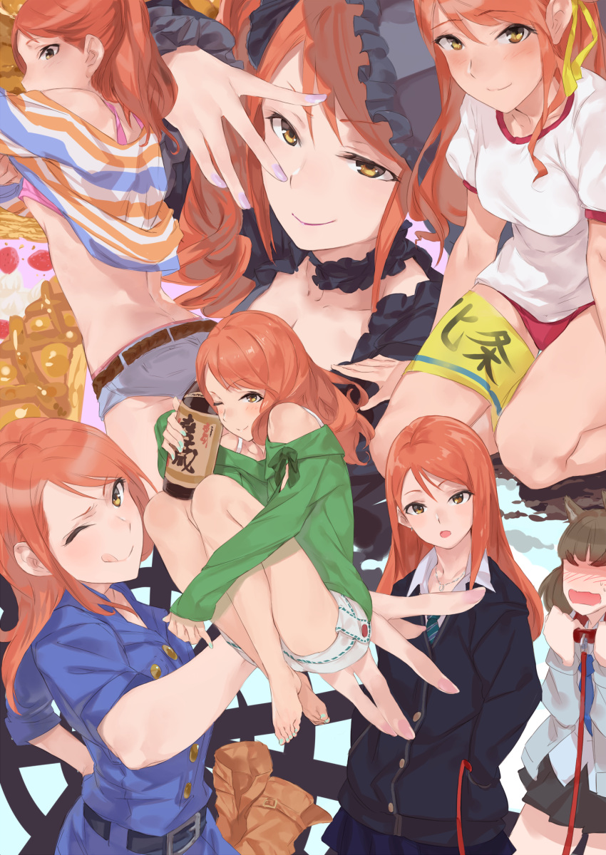 2girls ;q alcohol barefoot belt black_gothic_dress_(idolmaster) blush bottle bra_strap breasts brown_eyes brown_hair buruma cardigan character_name character_request cleavage commentary_request cosplay geregere_(lantern) gym_uniform highres houjou_karen idolmaster idolmaster_cinderella_girls kamiya_nao leash long_hair looking_at_viewer multiple_girls necktie one_eye_closed open_mouth sake_bottle school_uniform shibuya_rin shibuya_rin_(cosplay) shirt smile striped striped_shirt takagaki_kaede takagaki_kaede_(cosplay) tongue tongue_out totoki_airi totoki_airi_(cosplay)