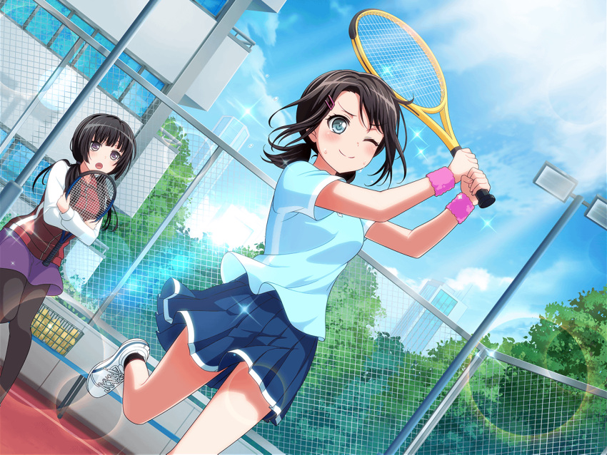 bang_dream! black_eyes black_hair blush dress michelle_(bang_dream!) short_hair smile tennis wink