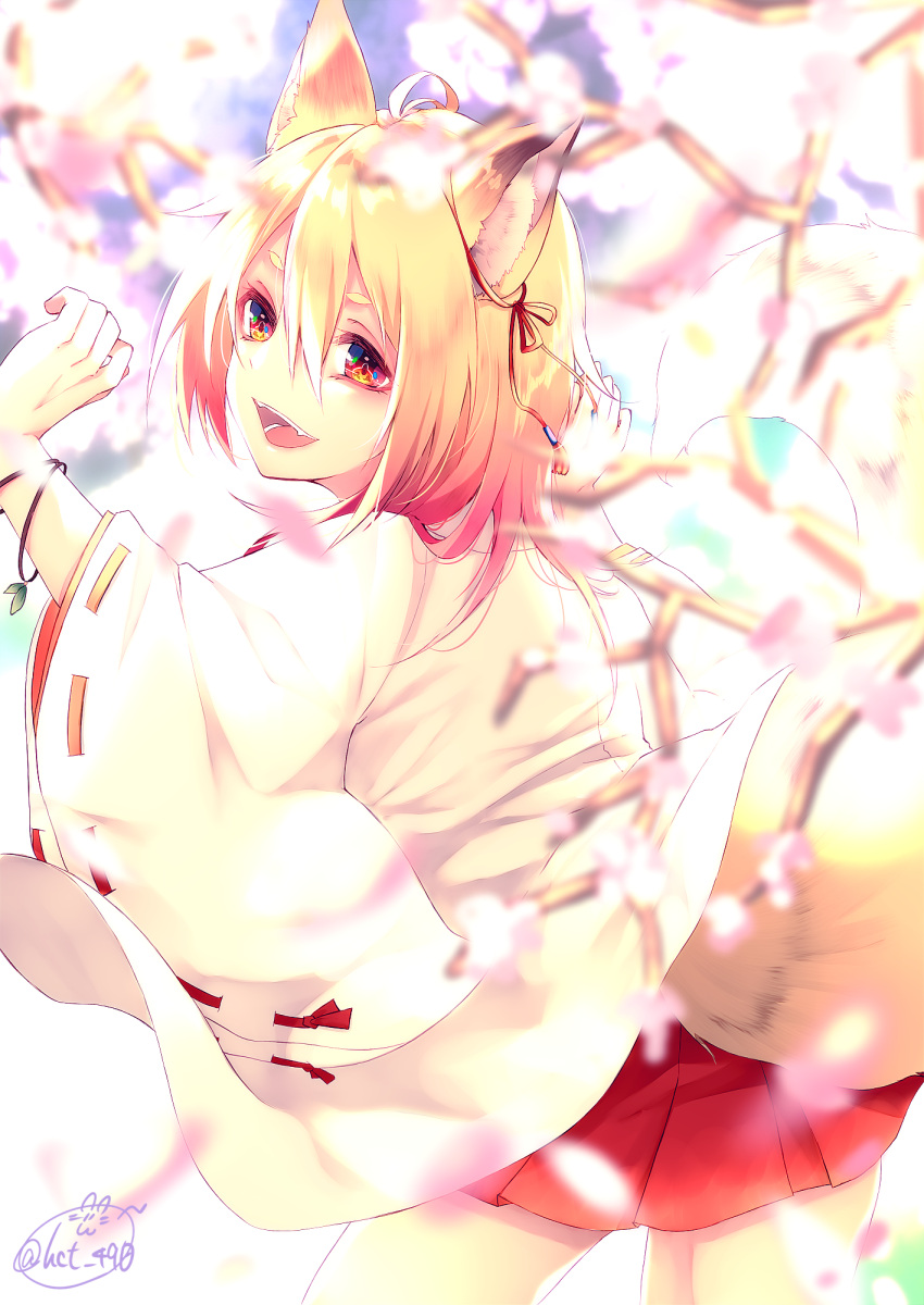 1girl :d animal_ears arm_up bangs blonde_hair blurry blurry_background blush chita_(ketchup) commentary_request depth_of_field fangs flower fox_ears fox_girl fox_tail hair_between_eyes head_tilt highres japanese_clothes long_hair long_sleeves looking_at_viewer looking_to_the_side miko open_mouth original pink_flower pleated_skirt red_eyes red_skirt ribbon-trimmed_sleeves ribbon_trim short_eyebrows signature skirt smile solo tail thick_eyebrows wide_sleeves