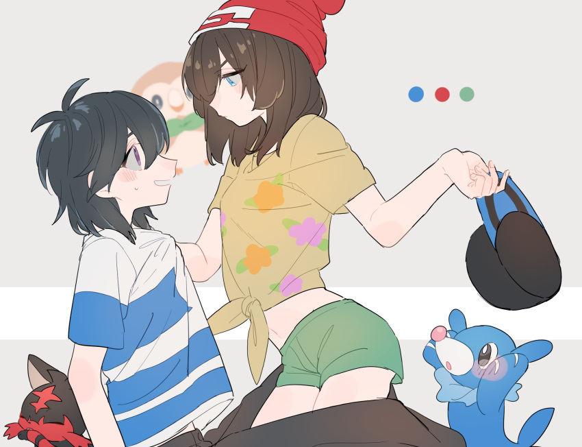 1boy 1girl baseball_cap beanie black_hair blush from_side gen_7_pokemon green_shorts hat highres holding holding_hat itou_(very_ito) litten mizuki_(pokemon_sm) open_mouth pokemon pokemon_(creature) pokemon_(game) pokemon_sm popplio red_hat rowlet shirt shirt_grab short_hair short_sleeves shorts striped striped_shirt tied_shirt you_(pokemon_sm)