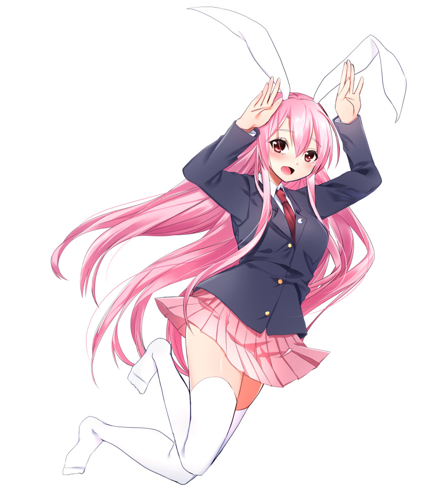 1girl :d absurdres animal_ears arms_up black_jacket blazer blush collared_shirt crescent crescent_moon_pin fang full_body highres jacket long_hair long_sleeves looking_at_viewer miniskirt necktie no_shoes open_mouth pink_hair pink_skirt pleated_skirt rabbit_ears red_eyes redhead reisen_udongein_inaba school_uniform shirt simple_background skirt smile solo straight_hair thigh-highs touhou very_long_hair white_background white_legwear wing_collar yukina_(masyumaro610) zettai_ryouiki