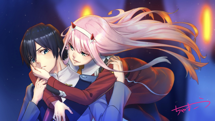1boy 1girl absurdres black_hair black_legwear blue_eyes chama_kou couple darling_in_the_franxx green_eyes hand_on_another's_face highres hiro_(darling_in_the_franxx) holding_another's_arm horns hug hug_from_behind long_hair looking_at_another military military_uniform necktie oni_horns orange_neckwear pantyhose pink_hair red_neckwear short_hair signature uniform zero_two_(darling_in_the_franxx)
