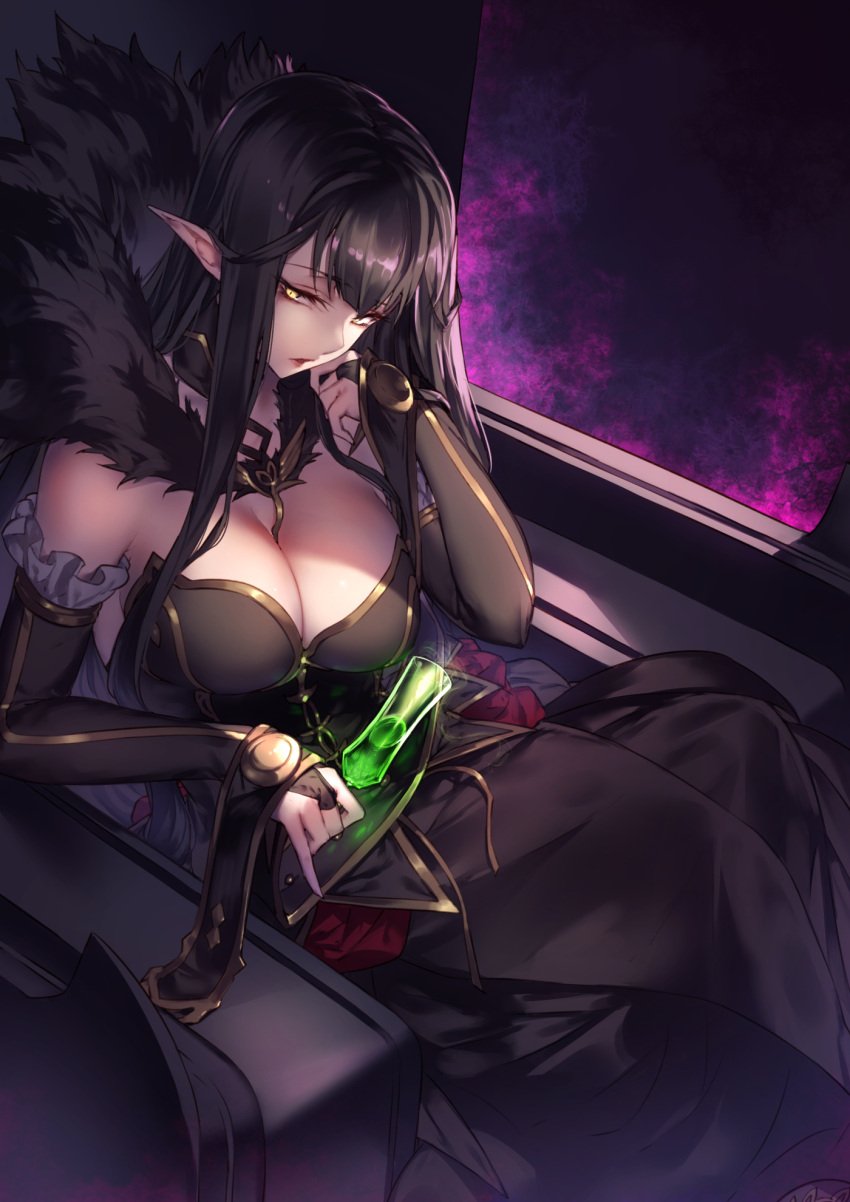 1girl bangs bare_shoulders black_dress black_hair breasts bridal_gauntlets champagne_flute cleavage commentary_request cup detached_sleeves dress drinking_glass eyebrows_visible_through_hair fate/apocrypha fate/grand_order fate_(series) frills fur_trim hand_on_own_cheek head_tilt highres jewelry kyouya_(mukuro238) large_breasts long_dress necklace pointy_ears poison queen semiramis_(fate) signature sitting throne throne_room yellow_eyes