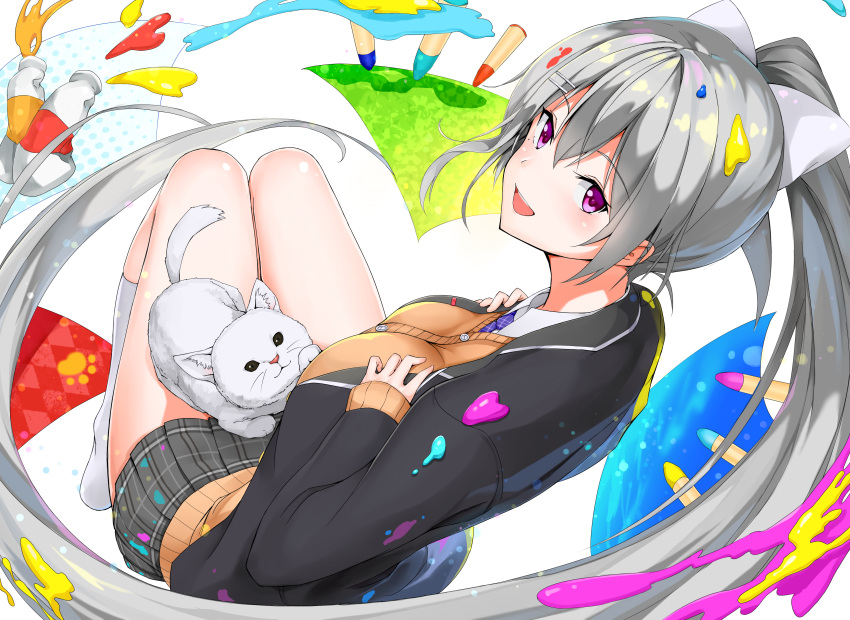 1girl :d absurdres animal animal_on_lap bangs black_blazer blush bow breasts brown_cardigan cardigan cat cat_on_lap collared_shirt colored_pencil commentary_request eyebrows_visible_through_hair grey_skirt hair_between_eyes hair_bow highres higuchi_kaede kneehighs long_hair long_sleeves maeshimashi medium_breasts necktie nijisanji no_shoes open_mouth paint_tube pencil plaid plaid_skirt pleated_skirt ponytail purple_neckwear school_uniform shirt sidelocks silver_hair skirt sleeves_past_wrists smile solo very_long_hair violet_eyes virtual_youtuber white_bow white_cat white_legwear white_shirt