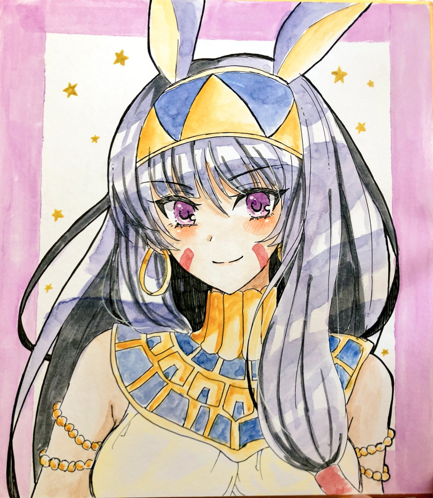 1girl animal_ears armlet bangs blush closed_mouth commentary earrings egyptian eyebrows_visible_through_hair facial_mark fate/grand_order fate_(series) hair_between_eyes hair_tubes hairband highres hoop_earrings jackal_ears jewelry long_hair looking_at_viewer nitocris_(fate/grand_order) photo purple_hair smile solo tanaji traditional_media upper_body violet_eyes