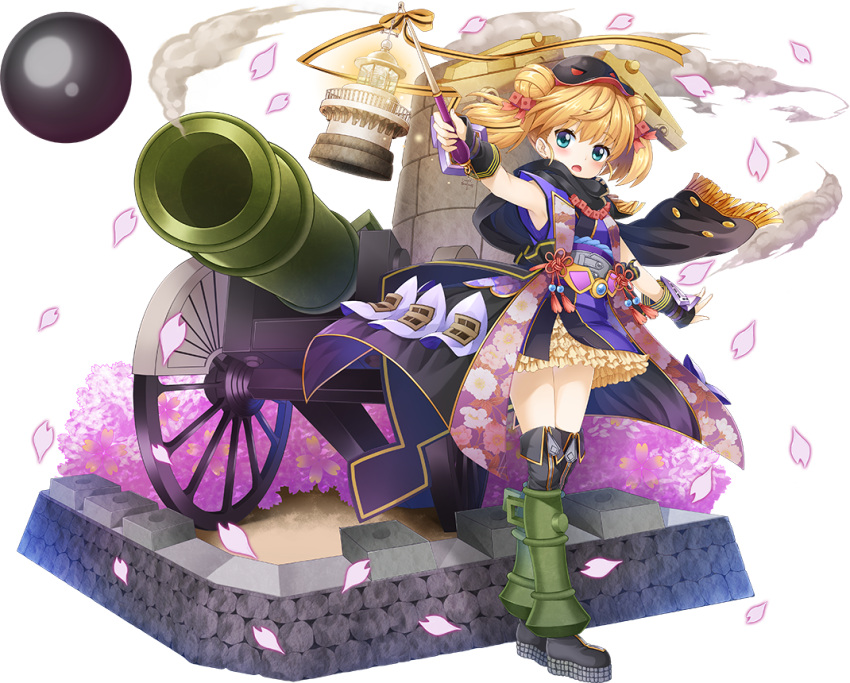 1girl black_scarf blonde_hair blue_eyes boots cannon double_bun eyebrows_visible_through_hair full_body hair_ornament helmet holding_lantern kanna_(chaos966) lantern looking_at_viewer official_art open_mouth oshiro_project oshiro_project_re scarf shinagawa_daiba_(oshiro_project) solo thigh-highs thigh_boots transparent_background two_side_up