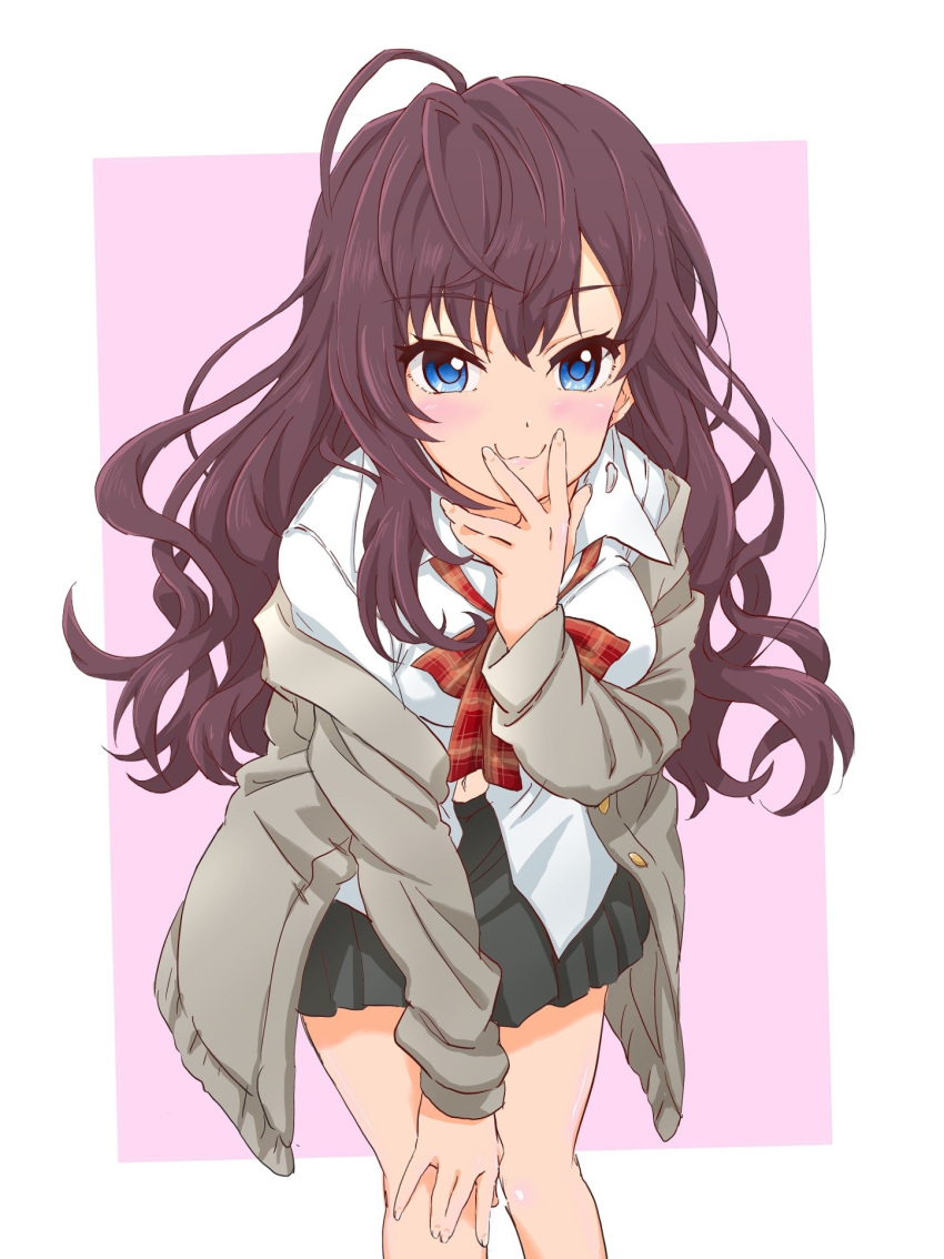 1girl :3 ahoge black_skirt blue_eyes breasts brown_hair cardigan cowboy_shot eyebrows_visible_through_hair feet_out_of_frame grey_cardigan hair_between_eyes hand_on_own_face hand_on_own_knee highres ichinose_shiki idolmaster idolmaster_cinderella_girls leaning_forward long_hair long_sleeves looking_at_viewer medium_breasts midriff_peek navel off_shoulder open_cardigan open_clothes pink_background plaid plaid_neckwear plaid_ribbon pleated_skirt ribbon school_uniform sekiya_kuzuyu shirt simple_background skirt solo standing untucked_shirt white_shirt