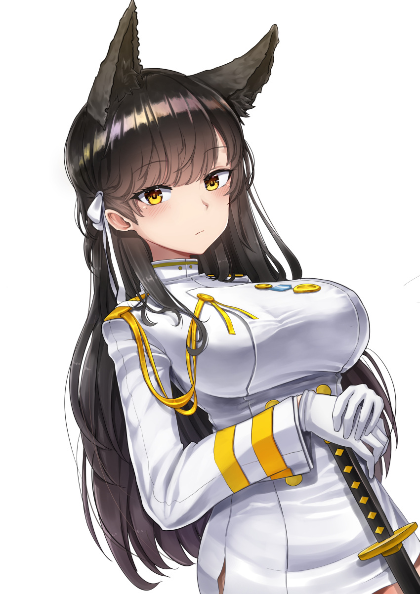 1girl absurdres animal_ears atago_(azur_lane) azur_lane bangs black_hair blush breasts brown_eyes closed_mouth eyebrows_visible_through_hair gloves gui_ss hair_ornament hair_ribbon hands_together highres large_breasts long_hair long_sleeves looking_at_viewer medal military military_uniform miniskirt mole mole_under_eye ribbon sidelocks simple_background skirt solo swept_bangs uniform upper_body white_background white_ribbon