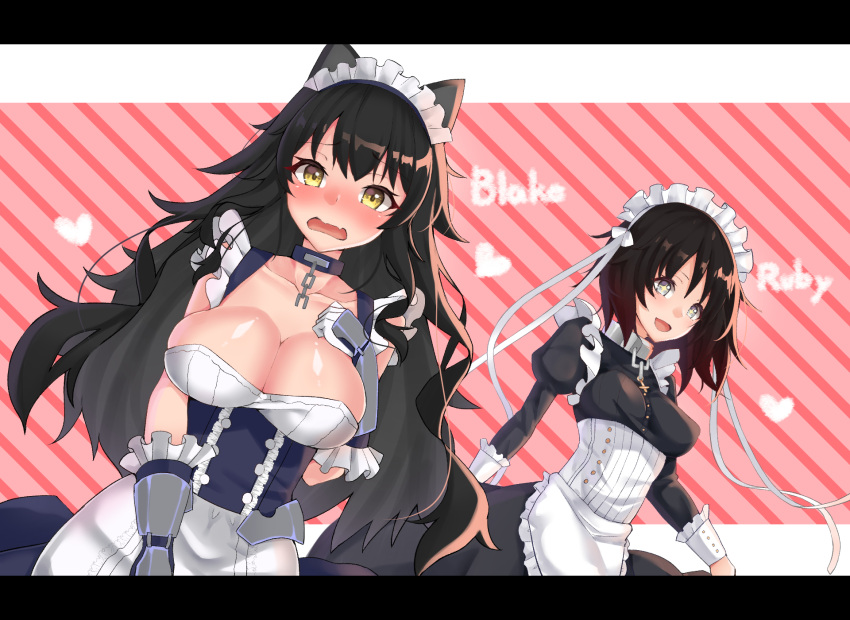 +_+ 2girls :d alternate_costume animal_ears apron ashisi azur_lane bare_shoulders belfast_(azur_lane) belfast_(azur_lane)_(cosplay) black_dress black_hair blake_belladonna blue_dress blush breasts broken broken_chain cat_ears chains cleavage collar corset cosplay diagonal-striped_background diagonal_stripes dress dutch_angle elbow_gloves enmaided frilled_gloves frilled_sleeves frills gloves grey_eyes hand_on_own_chest heart highres juliet_sleeves large_breasts letterboxed long_hair long_sleeves looking_at_viewer maid maid_headdress medium_breasts multiple_girls open_mouth pink_background puffy_sleeves ruby_rose rwby sheffield_(azur_lane) sheffield_(azur_lane)_(cosplay) shiny shiny_hair short_hair sleeve_cuffs sleeveless smile sparkling_eyes striped striped_background very_long_hair waist_apron white_apron yellow_eyes
