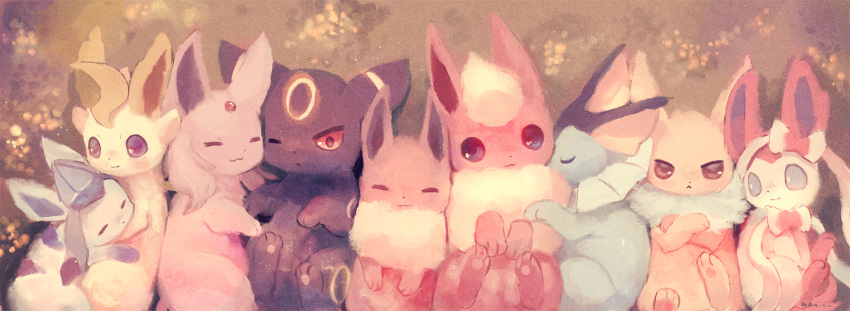 :3 blue_eyes closed_eyes closed_mouth commentary_request crossed_arms eevee espeon flareon gen_1_pokemon gen_2_pokemon gen_4_pokemon gen_6_pokemon glaceon highres jolteon leafeon looking_at_viewer lying manino_(mofuritaionaka) no_humans on_back one_eye_closed pokemon pokemon_(creature) red_eyes sleeping smile sylveon umbreon vaporeon