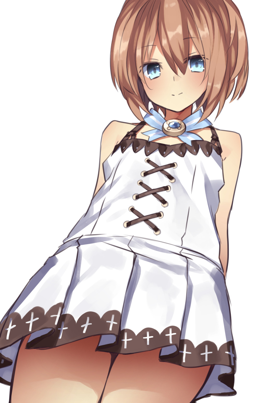 1girl arms_behind_back bare_shoulders blanc blancpig_yryr blue_eyes brown_hair cowboy_shot dress highres looking_at_viewer neptune_(series) short_hair simple_background smile solo spaghetti_strap white_background white_dress