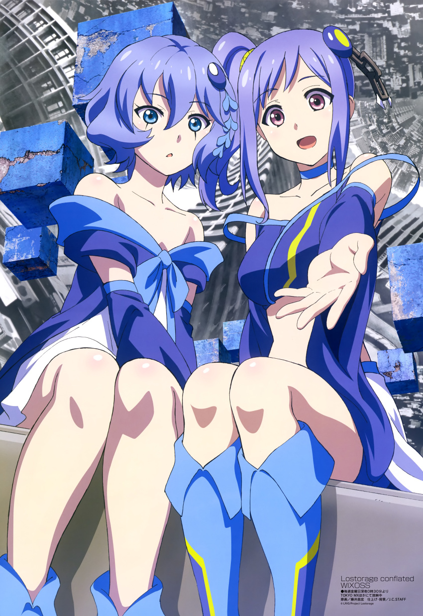 2girls :d absurdres blue_footwear blue_hair boots chains character_request choker collarbone copyright_name crop_top detached_sleeve dress eyebrows_visible_through_hair facial_mark fujii_masahiro hair_ornament highres knee_boots long_hair lostorage_wixoss midriff multiple_girls open_mouth outstretched_arm pink_eyes piruluk_(lostorage_wixoss) purple_hair short_dress short_hair side_ponytail sidelocks smile stomach wixoss