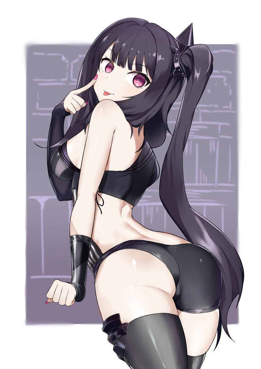1girl :p absurdres architect_(girls_frontline) arm_warmers ass asymmetrical_clothes bangs bare_shoulders black_hair black_legwear blush breasts clenched_hand cowboy_shot eyebrows_visible_through_hair finger_to_cheek girls_frontline hair_ornament head_tilt highres long_hair looking_at_viewer looking_back medium_breasts nail_polish nemomo pale_skin pink_eyes pink_nails sangvis_ferri shiny shiny_skin side-tie_costume side_ponytail sidelocks skindentation smile solo thigh-highs thighs tongue tongue_out twisted_torso very_long_hair violet_eyes