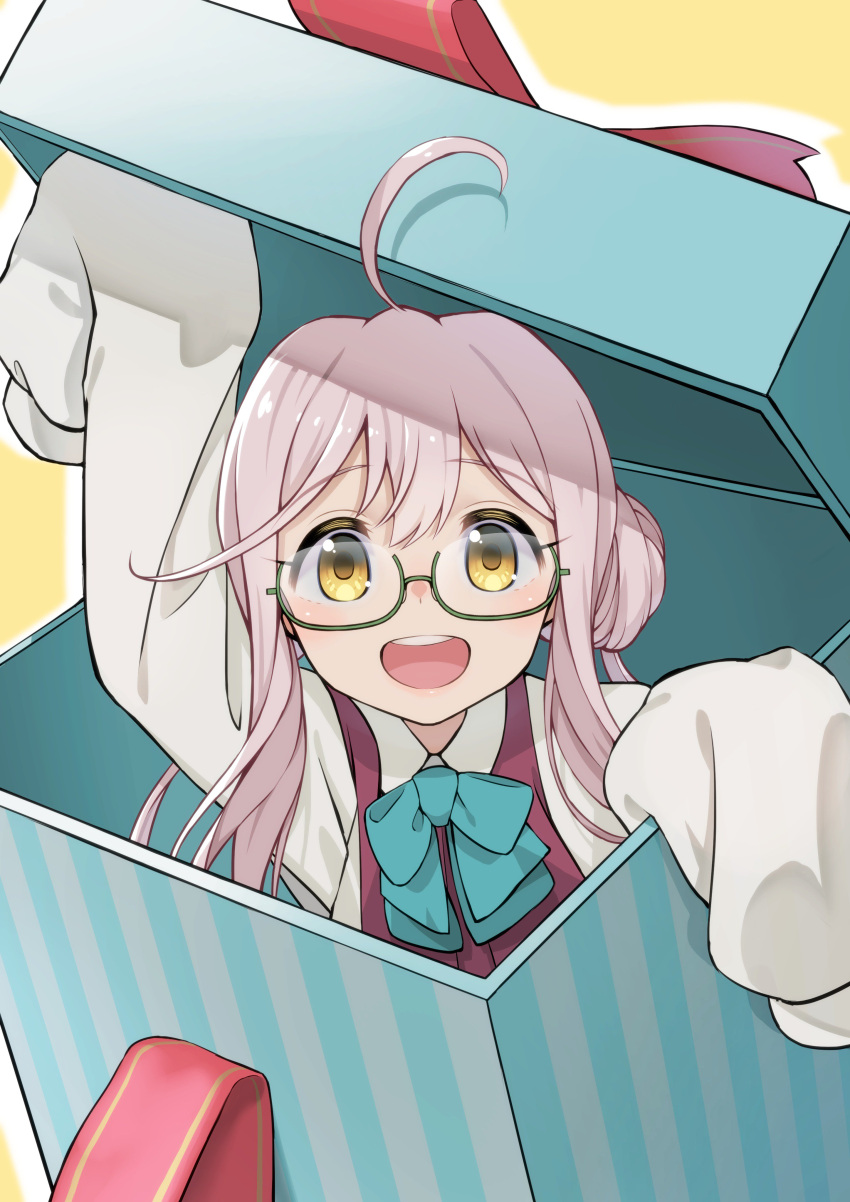 1girl :d absurdres ahoge bangs blue_neckwear bow bowtie box brown_eyes collared_shirt commentary_request gift gift_box glasses green-framed_eyewear hand_up highres in_box in_container kantai_collection long_hair long_sleeves looking_at_viewer makigumo_(kantai_collection) open_mouth outline pink_hair red_vest round_teeth saruchitan semi-rimless_eyewear shirt simple_background sleeves_past_fingers smile solo teeth under-rim_eyewear vest white_outline white_shirt wing_collar yellow_background yellow_eyes