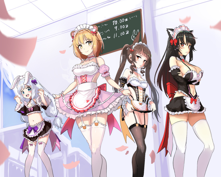 4girls animal_ears apron bangs bare_shoulders black_hair black_legwear black_skirt blonde_hair blue_eyes blunt_bangs blush bow breasts brown_hair cleavage detached_sleeves dress dress_lift evasong frilled_apron frilled_dress frilled_skirt frilled_sleeves frills garter_straps hair_between_eyes hair_bow haru_estia highres iris_yuma large_breasts lily_bloomerchen long_hair looking_at_viewer low-tied_long_hair maid_headdress medium_breasts midriff miniskirt multiple_girls navel open_mouth pink_dress purple_bow rabbit_ears red_bow red_eyes revealing_clothes shiny shiny_skin short_dress short_hair sidelocks silver_hair skirt small_breasts smile soul_worker standing stella_unibell thigh-highs tied_hair twintails waist_apron white_apron white_legwear yellow_eyes