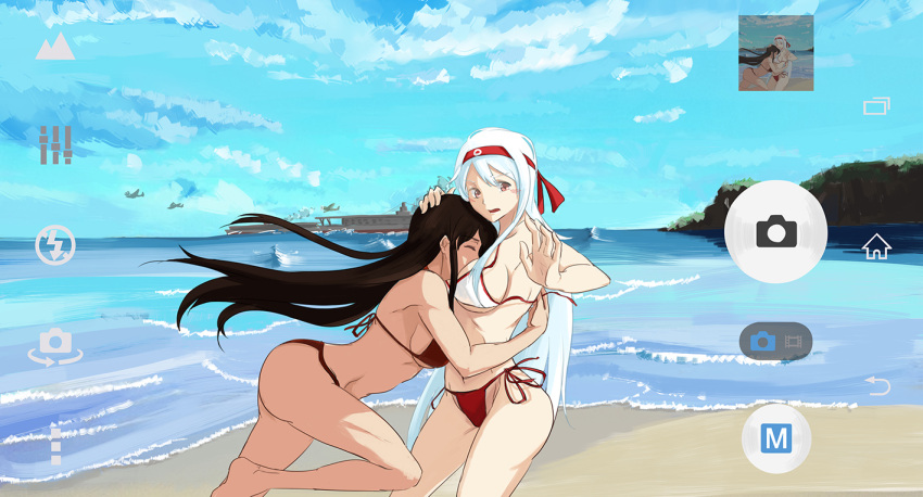 aircraft_carrier akagi_(kantai_collection) beach bikini brown_hair graphite_(medium) kantai_collection long_hair military military_vehicle multiple_girls recording sen_(alshy379) ship shoreline shoukaku_(aircraft_carrier) shoukaku_(kantai_collection) side-tie_bikini straight_hair swimsuit traditional_media viewfinder warship watercraft waves