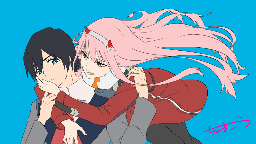 1boy 1girl absurdres black_hair black_legwear blue_eyes chama_kou couple darling_in_the_franxx green_eyes hand_on_another's_face highres hiro_(darling_in_the_franxx) holding_another's_arm horns hug hug_from_behind long_hair looking_at_another military military_uniform necktie oni_horns orange_neckwear pantyhose pink_hair red_neckwear short_hair signature uniform zero_two_(darling_in_the_franxx)