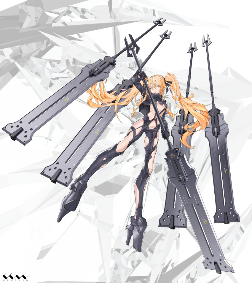 1girl blonde_hair boots breasts cancell from_below gloves hair_ribbon high_heel_boots high_heels highres long_hair looking_at_viewer mecha_musume medium_breasts original ribbon science_fiction solo sword twintails under_boob weapon yellow_eyes