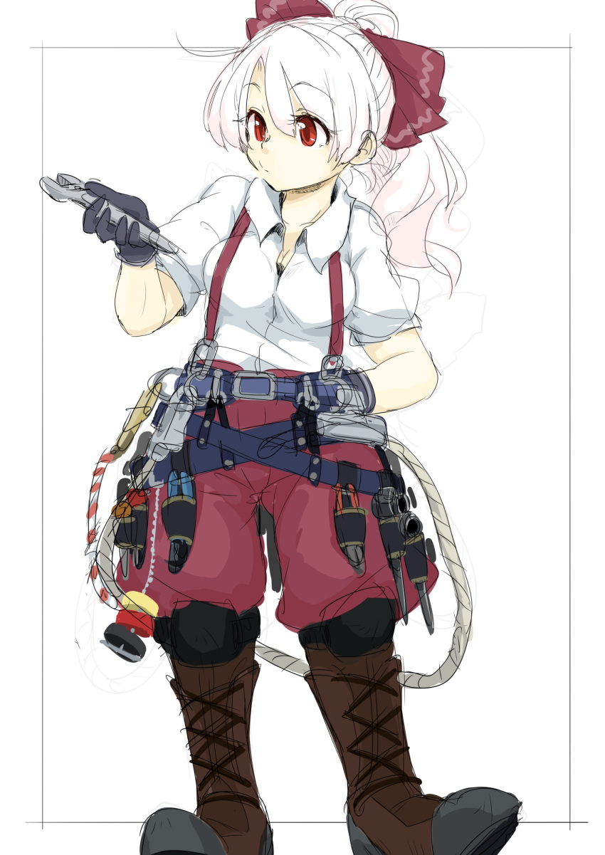1girl alternate_costume arm_behind_back azumaya_toushirou baggy_pants belt boots bow brown_footwear commentary_request cross-laced_footwear eyebrows_visible_through_hair fujiwara_no_mokou full_body gloves hair_between_eyes hair_bow hand_up highres holding holding_wrench knee_pads lace-up_boots long_hair pants pink_hair ponytail red_eyes red_pants shirt short_sleeves sketch solo standing suspenders tools touhou utility_belt white_shirt wrench