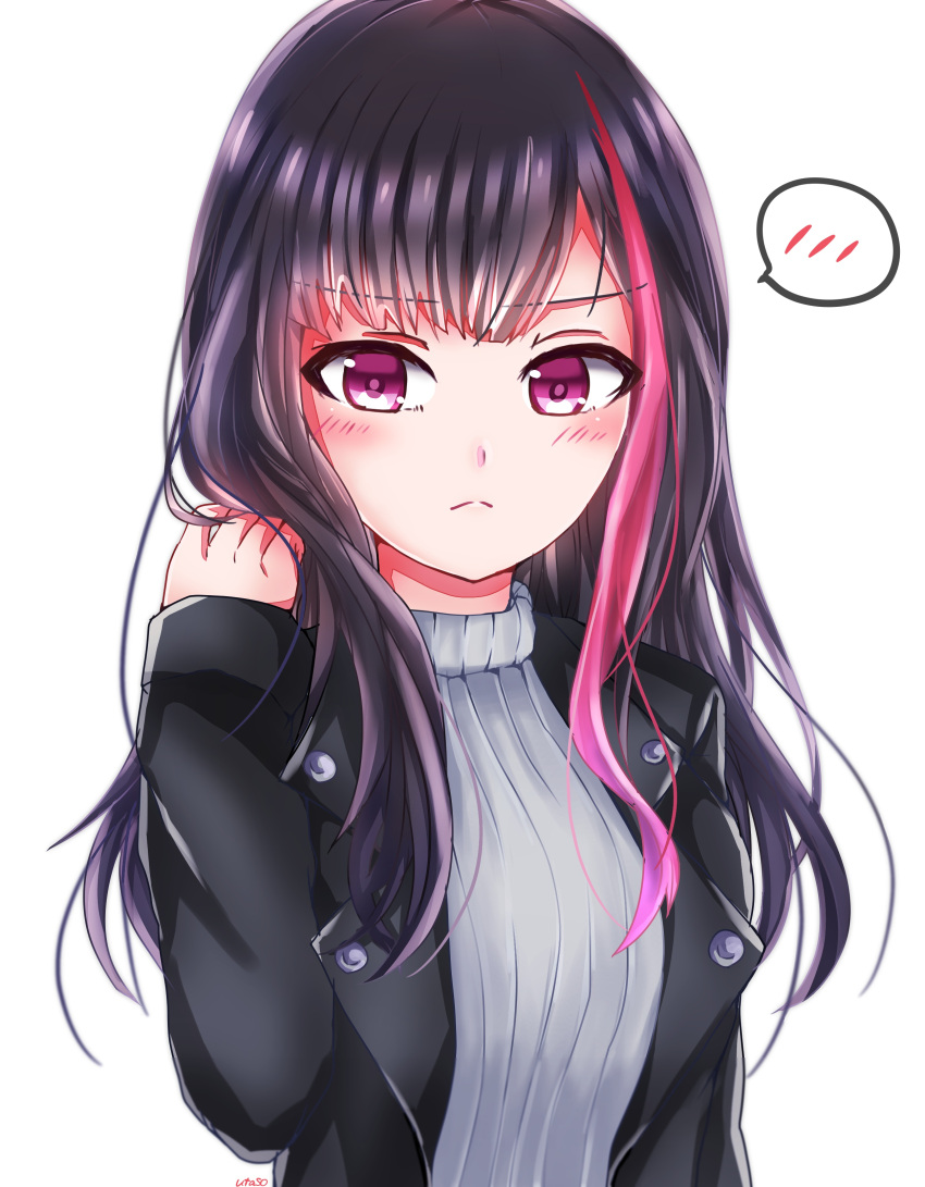 1girl :&lt; absurdres alternate_hair_length alternate_hairstyle artist_name bang_dream! bangs black_hair black_jacket blush commentary_request hand_in_hair highres jacket long_hair long_sleeves mitake_ran multicolored_hair pink_hair ribbed_sweater simple_background solo spoken_blush streaked_hair sweater upper_body utaso_(satsuo) violet_eyes white_background