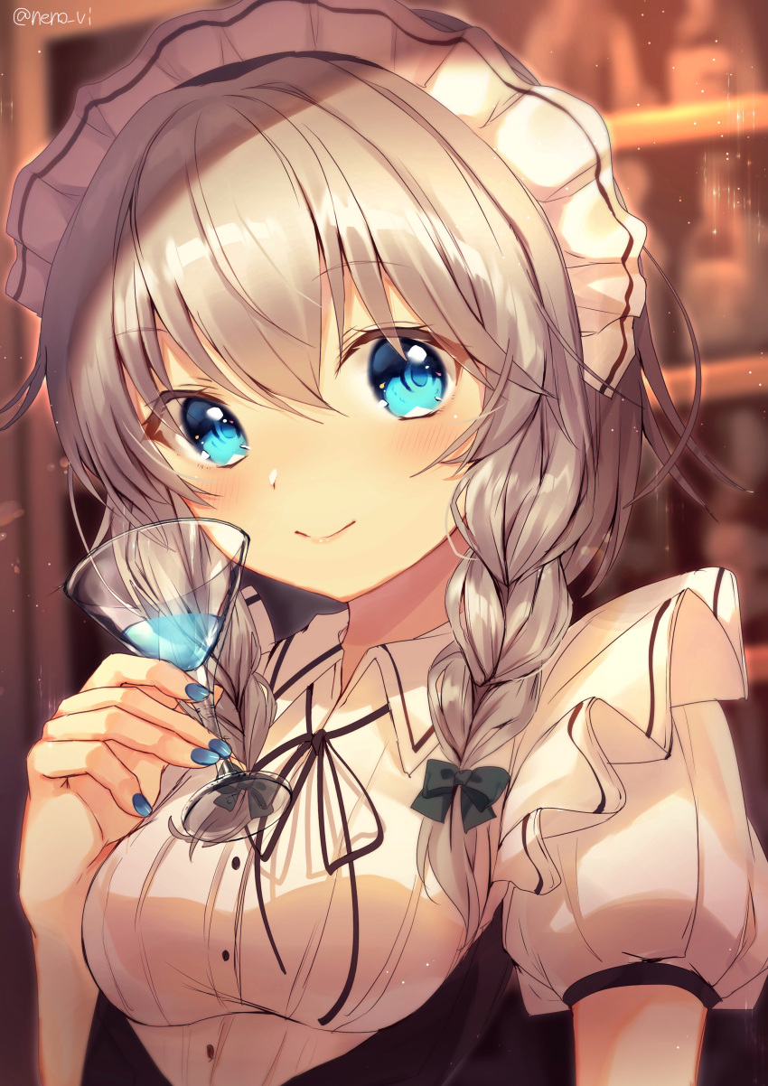 1girl absurdres artist_name black_neckwear black_ribbon blue_eyes blue_nails blush bow braid breasts commentary_request cup drinking_glass eyebrows_visible_through_hair green_bow hair_between_eyes hair_bow hand_up highres holding holding_drinking_glass indoors izayoi_sakuya looking_at_viewer maid maid_headdress medium_breasts nail_polish neck_ribbon nenobi_(nenorium) puffy_short_sleeves puffy_sleeves ribbon short_hair short_sleeves silver_hair smile solo touhou twin_braids twitter_username upper_body