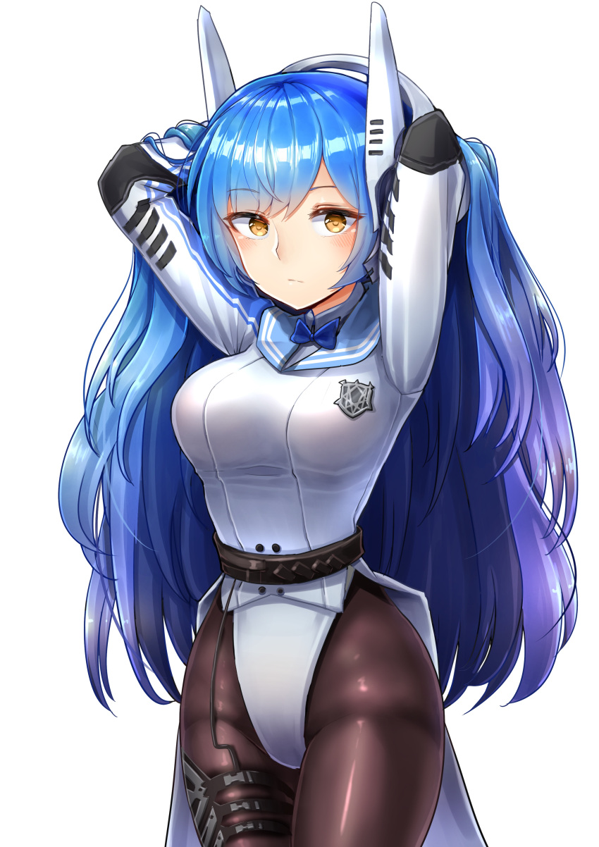 1girl absurdres arms_behind_head bangs belt black_legwear blue_bow blue_hair blush bow breasts closed_mouth cowboy_shot eyebrows_visible_through_hair girls_frontline groin gui_ss hair_between_eyes headgear highres jacket large_breasts leotard long_hair looking_at_viewer neck_bow pantyhose robot_ears sidelocks simple_background solo tar-21_(girls_frontline) thigh_strap thighs very_long_hair white_background white_leotard yellow_eyes