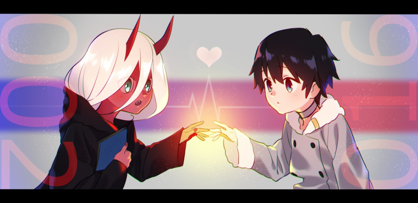 1boy 1girl black_hair blue_eyes book coat couple darling_in_the_franxx fur_trim green_eyes grey_coat heart highres hiro_(darling_in_the_franxx) holding holding_book horns ktkg_0021 long_hair oni_horns parka pink_hair red_sclera red_skin short_hair spoilers winter_clothes winter_coat zero_two_(darling_in_the_franxx)