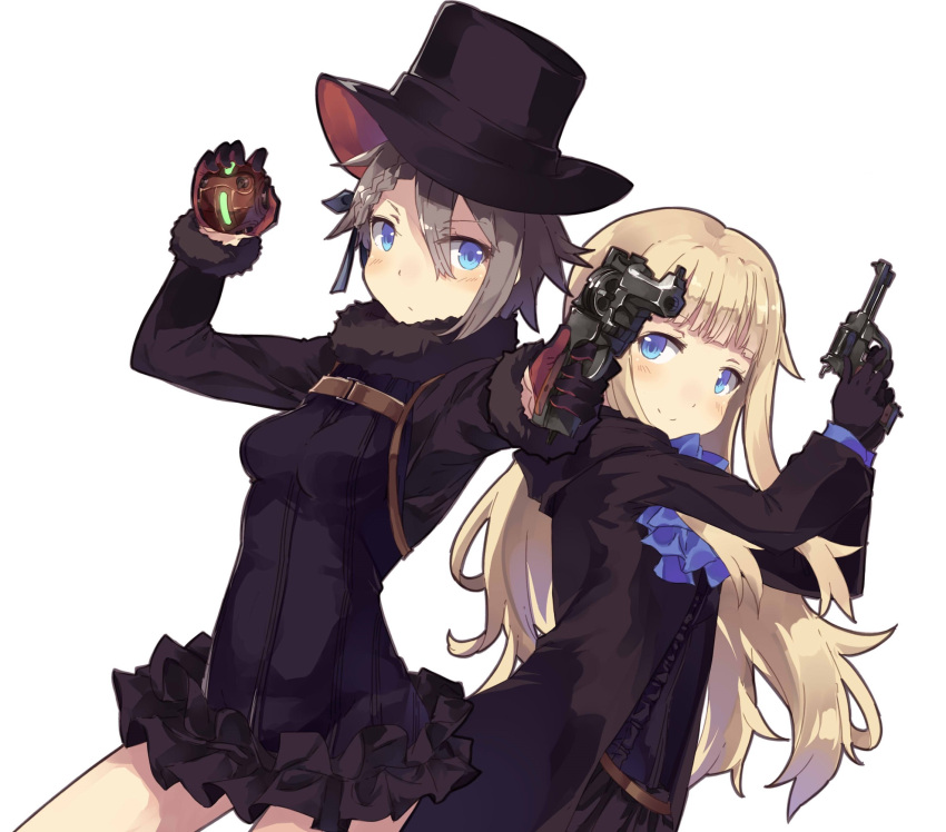 2girls ange_(princess_principal) blonde_hair blue_eyes blush braid grey_hair gun hat highres long_hair looking_at_viewer multiple_girls normaland princess_(princess_principal) princess_principal school_uniform short_hair smile weapon