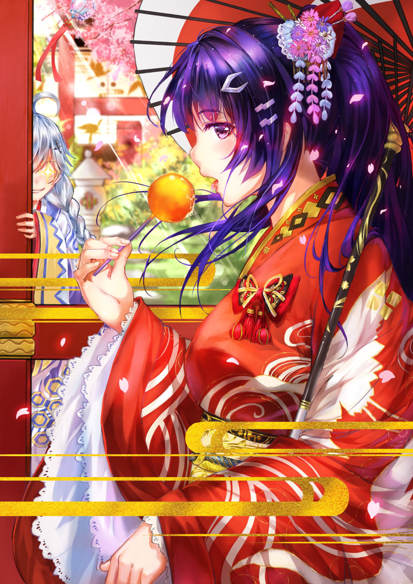 +_+ 2girls absurdres ahoge architecture benghuai_xueyuan blush braid cherry_blossoms drooling east_asian_architecture eating flower food hair_flower hair_ornament hairclip highres honkai_impact kiana_kaslana long_hair multiple_girls open_mouth parasol petals purple_hair raiden_mei saliva silver_hair siting stone_lantern umbrella violet_eyes wide_sleeves wind_chime