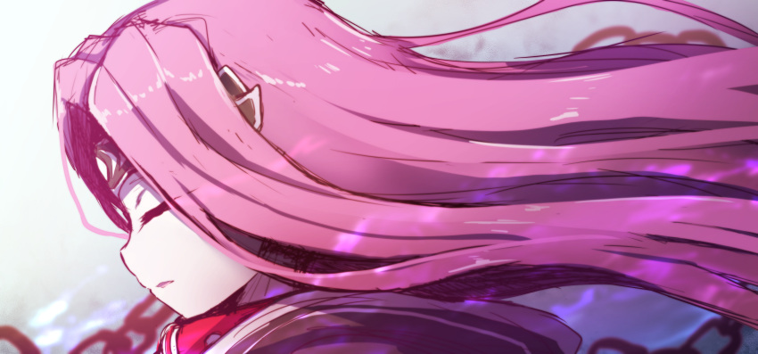 1girl bangs blurry blurry_background chains closed_eyes depth_of_field fate/grand_order fate_(series) floating_hair from_side highres hood hood_down long_hair medusa_(lancer)_(fate) parted_lips profile purple_hair rider sketch solo very_long_hair wada_kazu