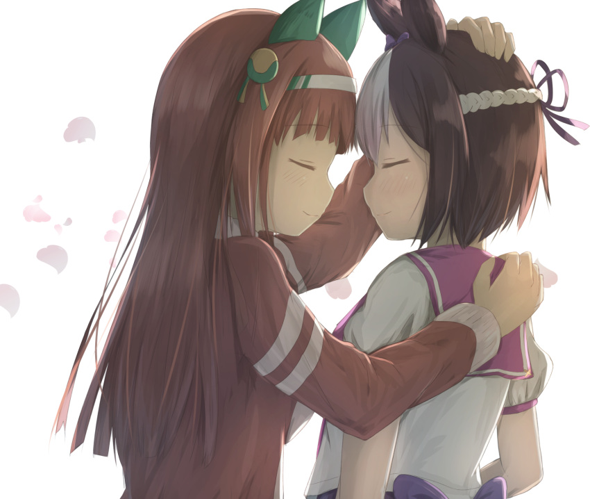2girls animal_ears arm_up blush brown_hair brown_shirt closed_eyes closed_mouth commentary facing_another fingernails hair_ribbon hand_on_another's_head hand_on_another's_shoulder highres hikari_niji horse_ears long_hair multicolored_hair multiple_girls petals profile purple_ribbon purple_sailor_collar ribbon sailor_collar school_uniform serafuku shirt short_hair silence_suzuka silver_hair smile special_week streaked_hair umamusume very_long_hair white_background white_shirt