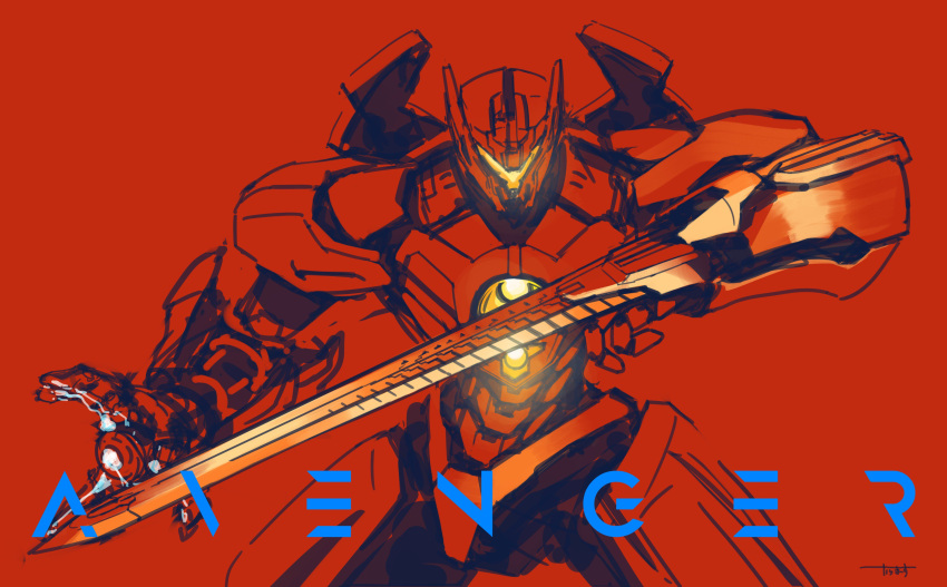absurdres arm_blade english gipsy_danger highres karamas mecha pacific_rim red_background simple_background weapon