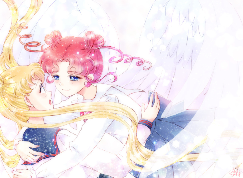 2girls :o bishoujo_senshi_sailor_moon blonde_hair blouse blue_eyes blue_skirt chibi_chibi closed_mouth double_bun drill_hair earrings eye_contact feathered_wings heart heart_earrings hug jewelry juuban_high_school_uniform kurokuzu_(milkyway792) long_hair looking_at_another looking_at_viewer multiple_girls older open_mouth redhead short_hair sidelocks skirt smile tsukino_usagi twin_drills twintails upper_body white_blouse white_wings wings