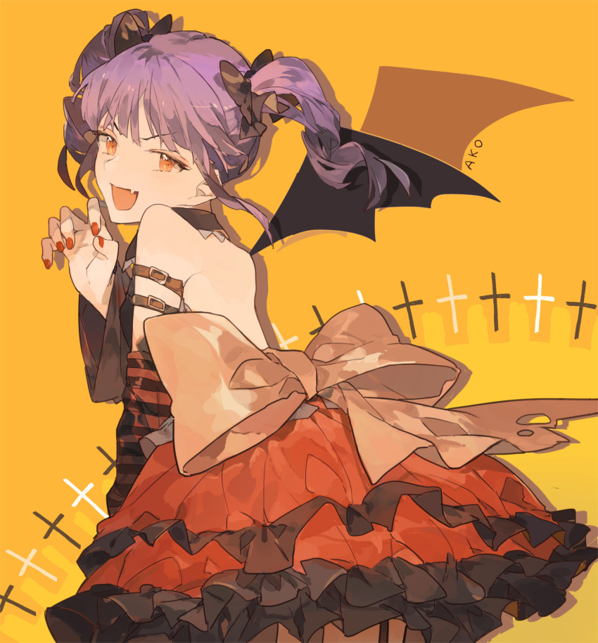 1girl :d absurdres arm_belt back back_bow backless_outfit bang_dream! bangs black_bow bow character_name claw_pose cross demon_wings detached_collar detached_sleeves dress fang frilled_dress frills hair_bow highres looking_at_viewer looking_back nail_polish open-back_dress open_mouth purple_hair red_dress red_eyes red_nails sash sidelocks smile socha_(sotyahamu) solo striped_sleeves twintails udagawa_ako v-shaped_eyebrows wings yellow_background