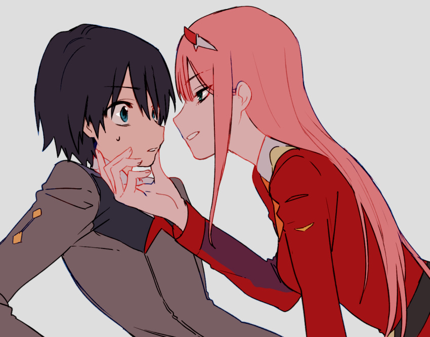 1boy 1girl black_hair couple darling_in_the_franxx face-to-face green_eyes hand_on_own_face hiro_(darling_in_the_franxx) horns long_hair looking_at_another military military_uniform mittsun oni_horns pink_hair red_eyes short_hair sweatdrop uniform zero_two_(darling_in_the_franxx)