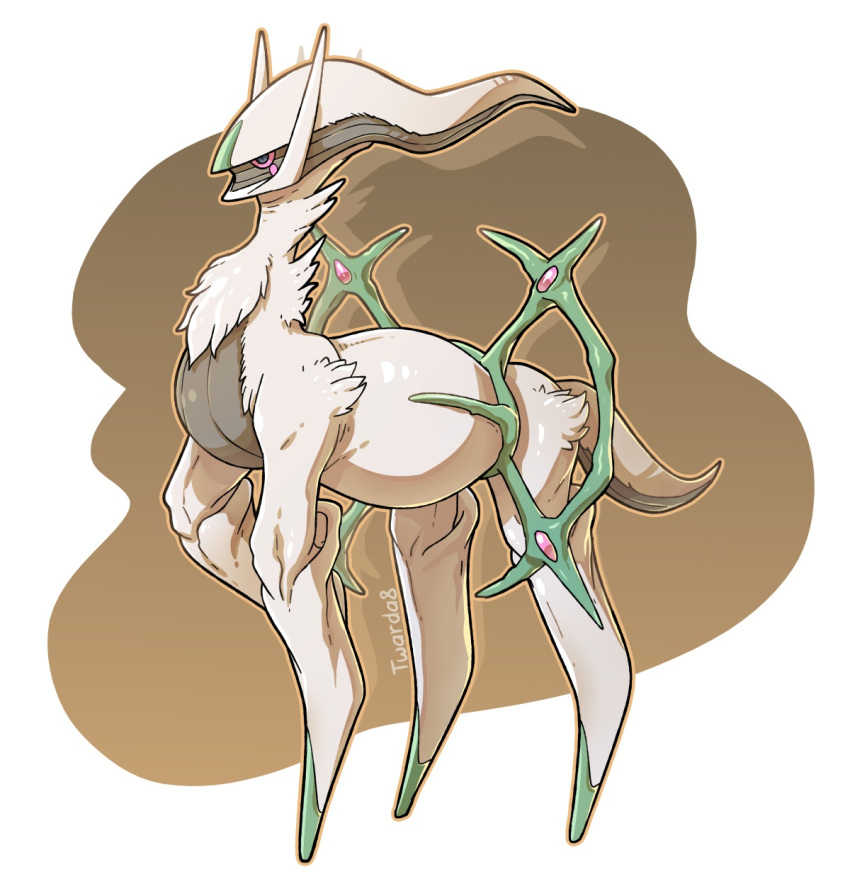 arceus brown_background commentary creature deviantart_username english_commentary full_body gen_4_pokemon highres no_humans pink_eyes pokemon pokemon_(creature) profile signature solo standing twarda8