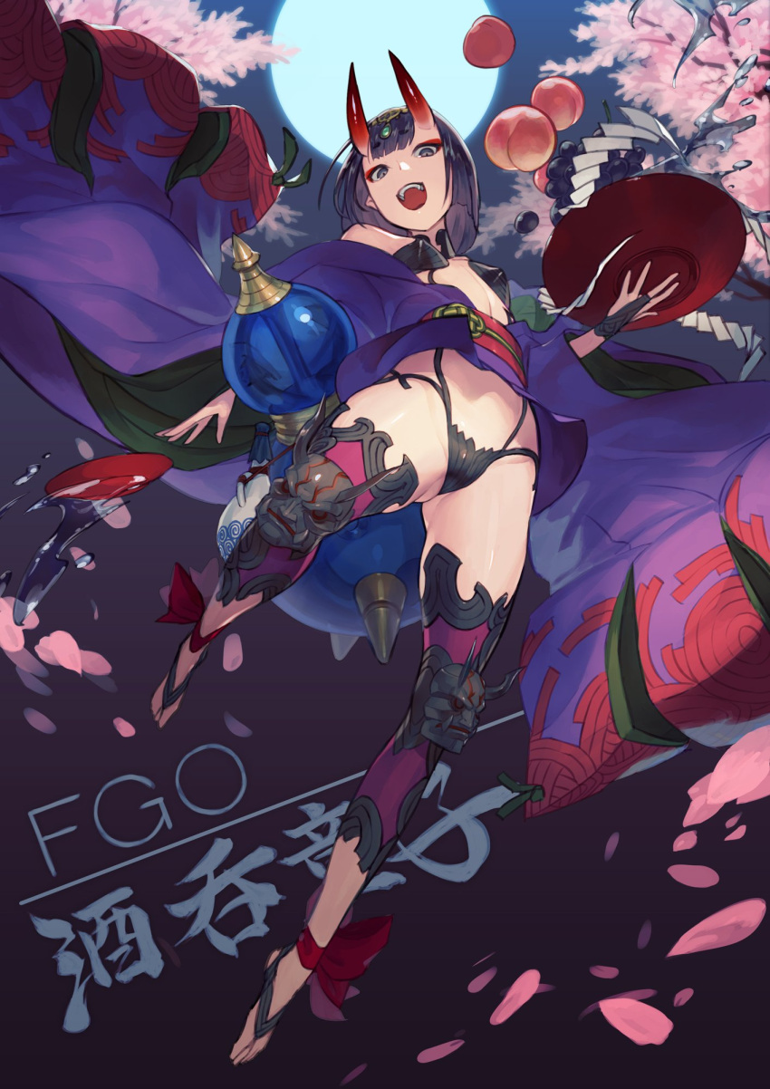 1girl ainezu black_hair breasts cup eyeshadow food fruit grapes grey_eyes highres horns japanese_clothes kimono makeup moon night night_sky open_clothes open_kimono open_mouth peach petals sakazuki shuten_douji_(fate/grand_order) sky small_breasts