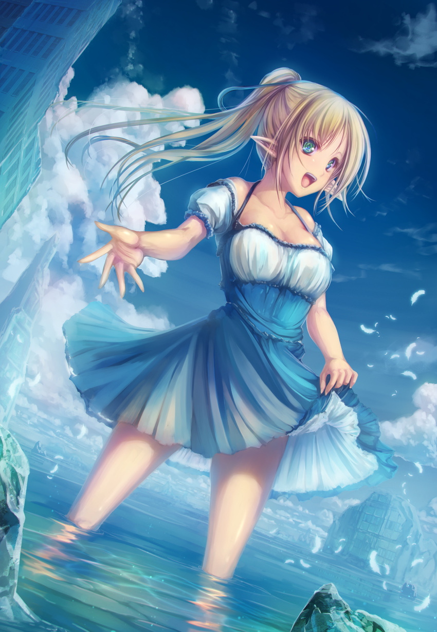 1girl :d blonde_hair blue_dress blue_eyes blue_ribbon blue_sky breasts cleavage clouds collarbone day dress dutch_angle from_below hair_ribbon high_ponytail highres long_hair medium_breasts open_mouth original outdoors outstretched_arm pointy_ears ribbon shiny shiny_skin short_dress short_sleeves skirt_hold sky smile solo standing tenmaso wading water white_feathers