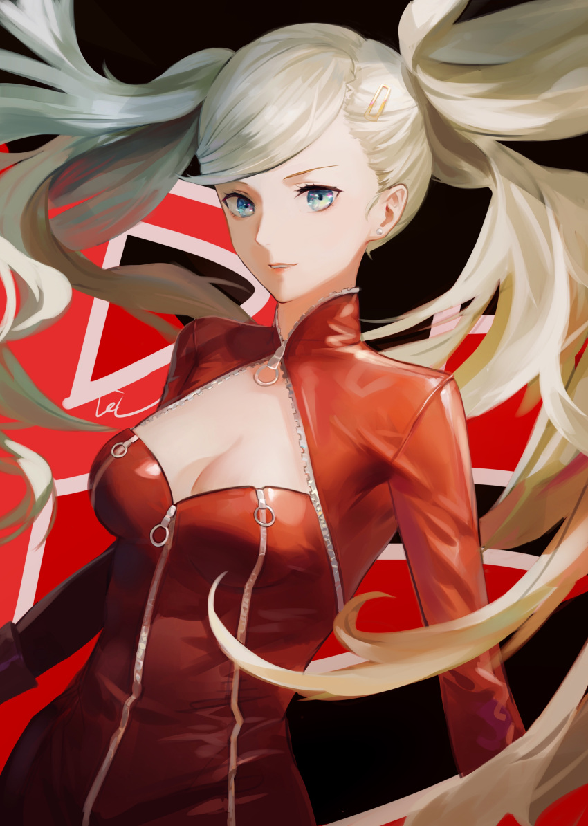 1girl absurdres bangs blonde_hair blue_eyes bodysuit breasts cleavage cleavage_cutout company_connection full-length_zipper hair_ornament hairclip highres leiq lips long_hair looking_at_viewer medium_breasts parted_lips persona persona_5 red_bodysuit signature skin_tight solo swept_bangs takamaki_anne twintails upper_body v-shaped_eyebrows very_long_hair zipper