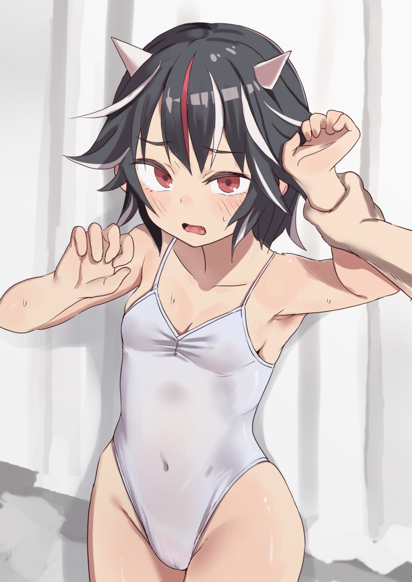 1boy 1girl arm_grab bare_arms bare_shoulders black_hair breasts commentary_request covered_navel cowboy_shot curtains fang highres horns isemori kijin_seija leotard looking_at_viewer multicolored_hair open_mouth red_eyes redhead short_hair small_breasts standing streaked_hair sweat touhou white_leotard