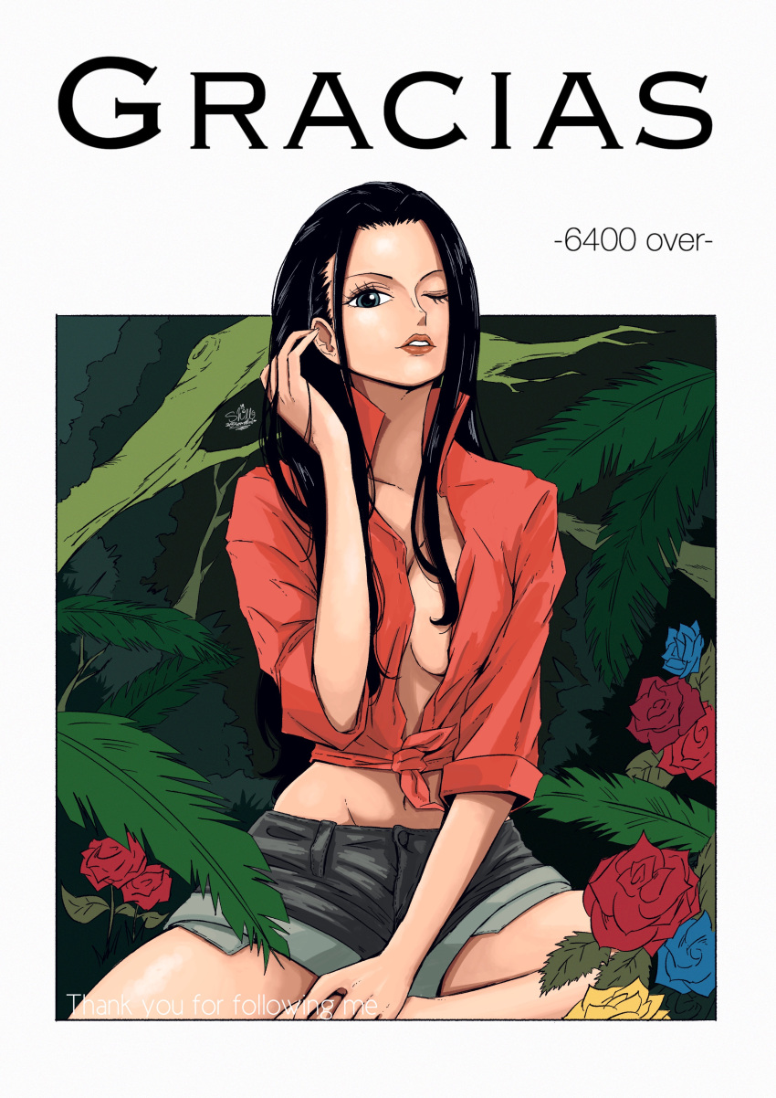 1girl absurdres blue_eyes border breasts cleavage flower front-tie_top hand_in_hair highres large_breasts leaf lips long_hair looking_at_viewer navel nico_robin one_piece open_clothes open_shirt outside_border parted_lips plant sherumaru_(korcht06) shirt short_shorts shorts smile solo spanish text_focus tied_shirt winking